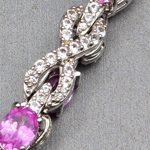 Sterling Silver Pink Sapphire & Quartz Infinity Tennis Bracelet 7.5" Signed SUN - Picture 5 of 14